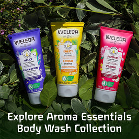 Weleda bottle on bathroom vanity with towels showing relaxing ritual benefit