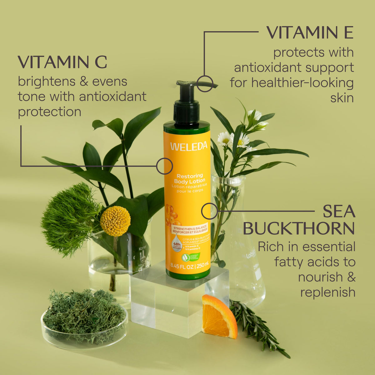Weleda close-up of sea buckthorn detail, highlighting vitamin-rich natural ingredient