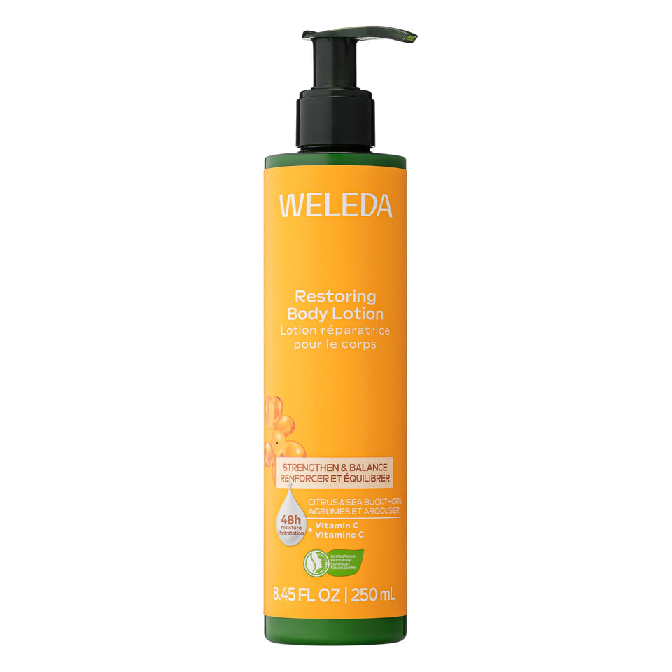 Weleda front packaging showing bottle and label, clear product identity and benefits