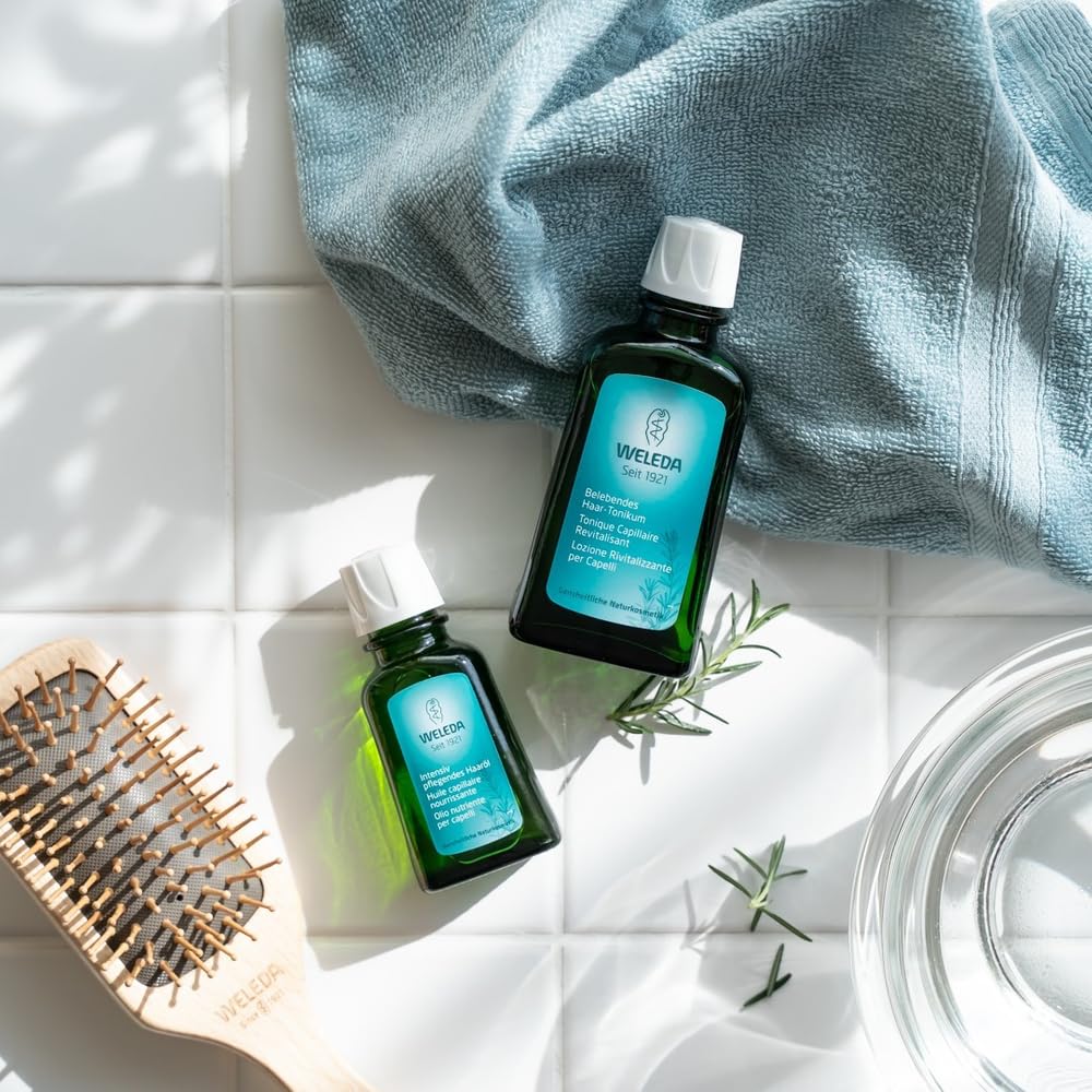 Weleda tonic poured on palm showing fluid texture and easy distribution benefit