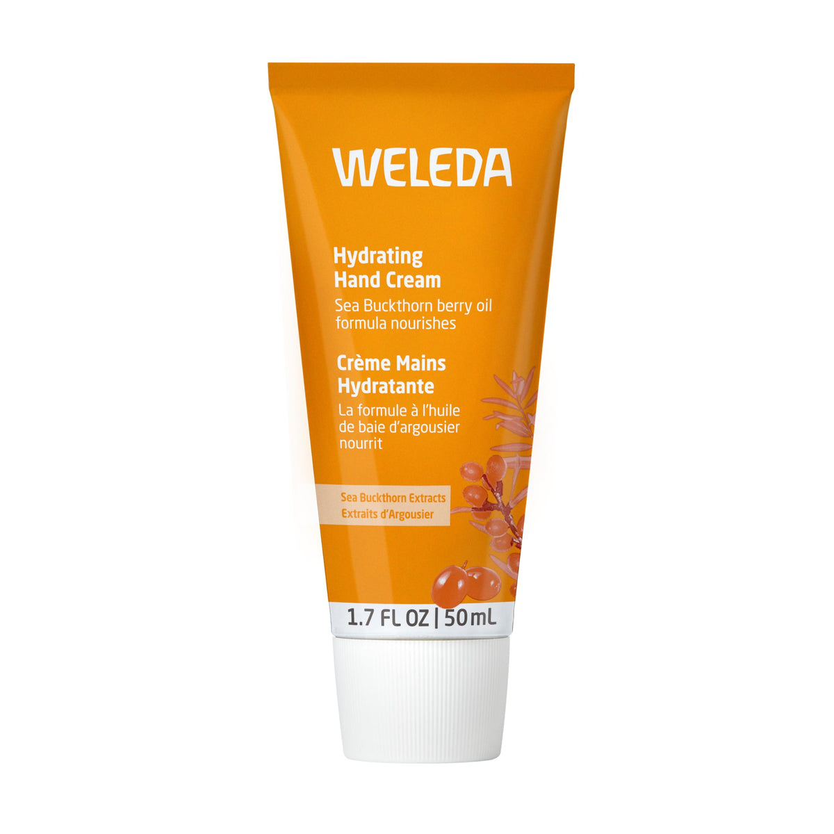 Weleda sea buckthorn front tube showing branding and compact travel size benefit