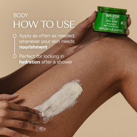 Weleda open jar texture displays whipped body butter for quick absorption