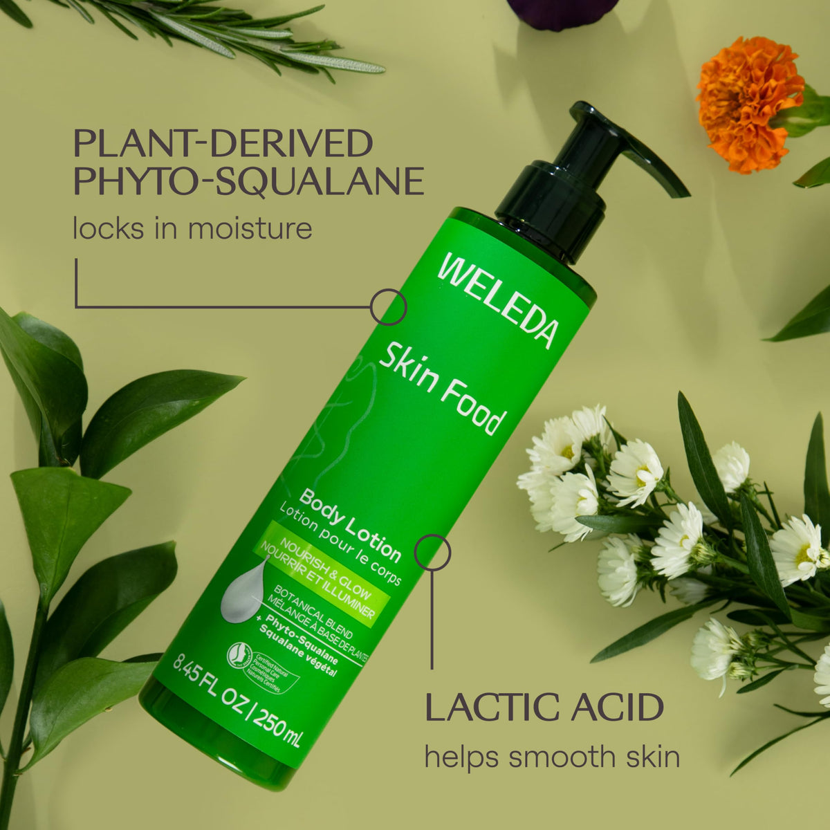 Weleda Skin Food body lotion ingredients label displaying botanical extracts