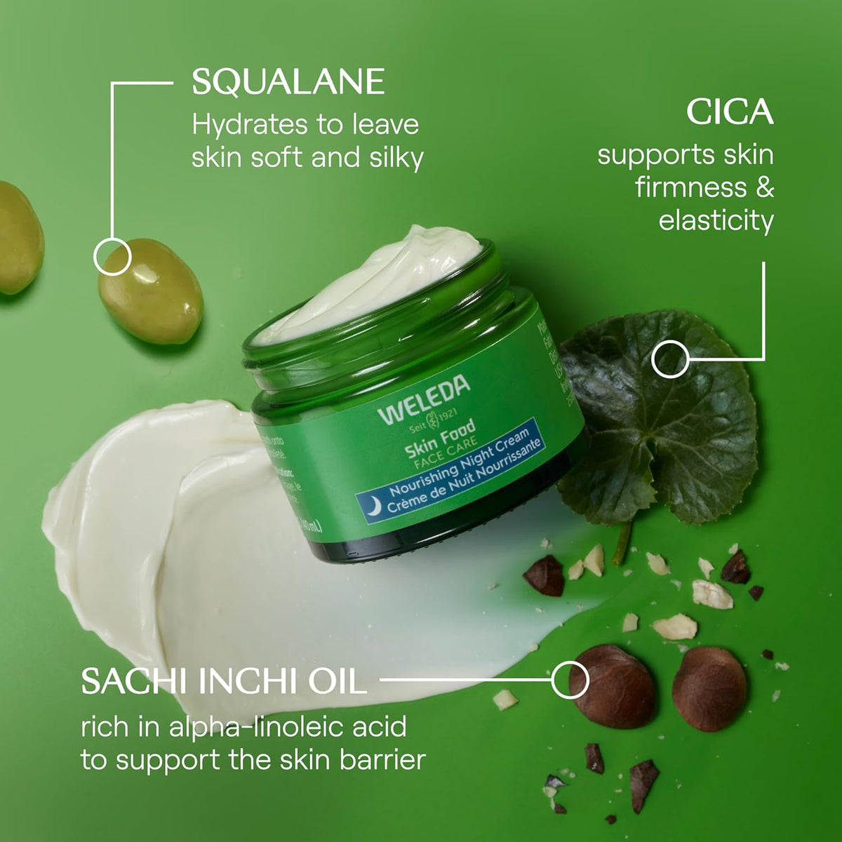 Weleda Skin Food ingredient label with sacha inchi, cica, and squalane benefits