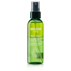 Weleda Skin Food dry oil front packaging showing bottle and label, clear nourishing formula