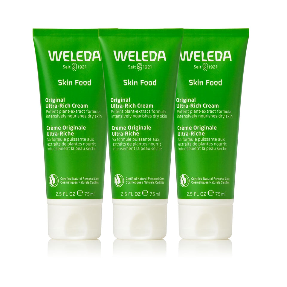 Weleda Skin Food front view showing three tubs and brand clarity for reliable supply
