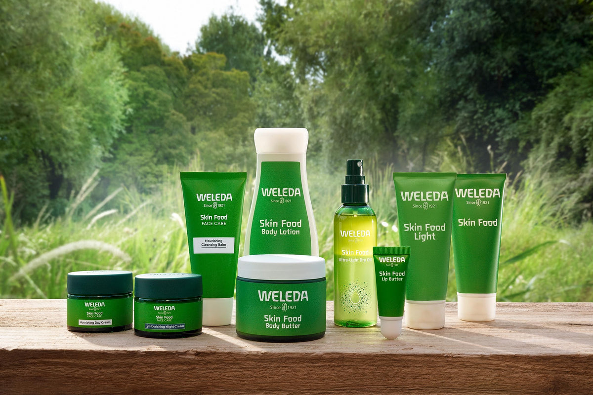 Weleda Skin Food Light on bathroom vanity in lifestyle scene showing everyday use
