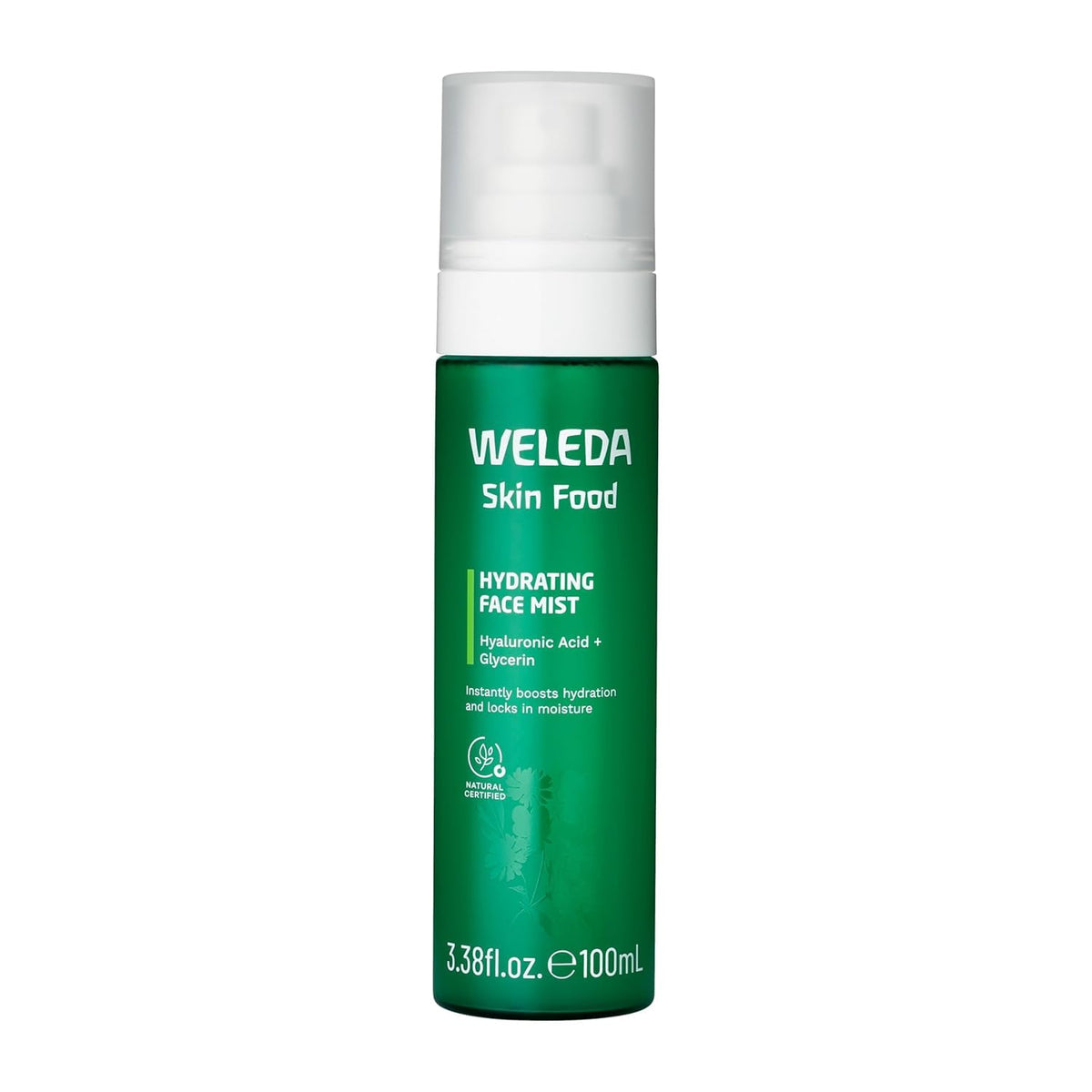 Weleda Skin Food mist front bottle showing label and recycled packaging benefit