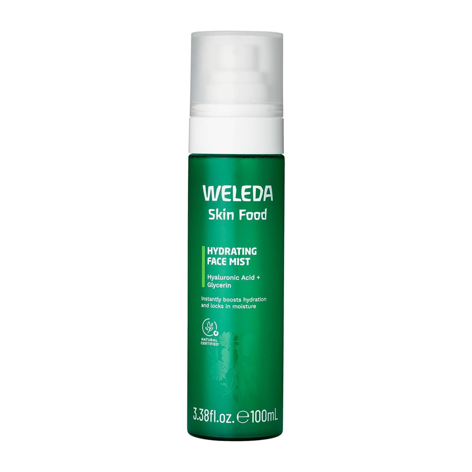Weleda Skin Food mist front bottle showing label and recycled packaging benefit