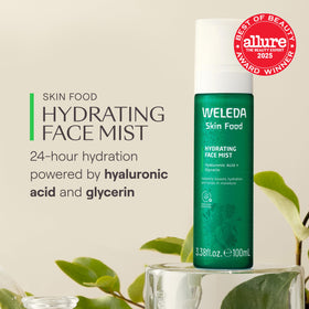 Weleda Skin Food mist nozzle close-up demonstrating fine spray delivery benefit