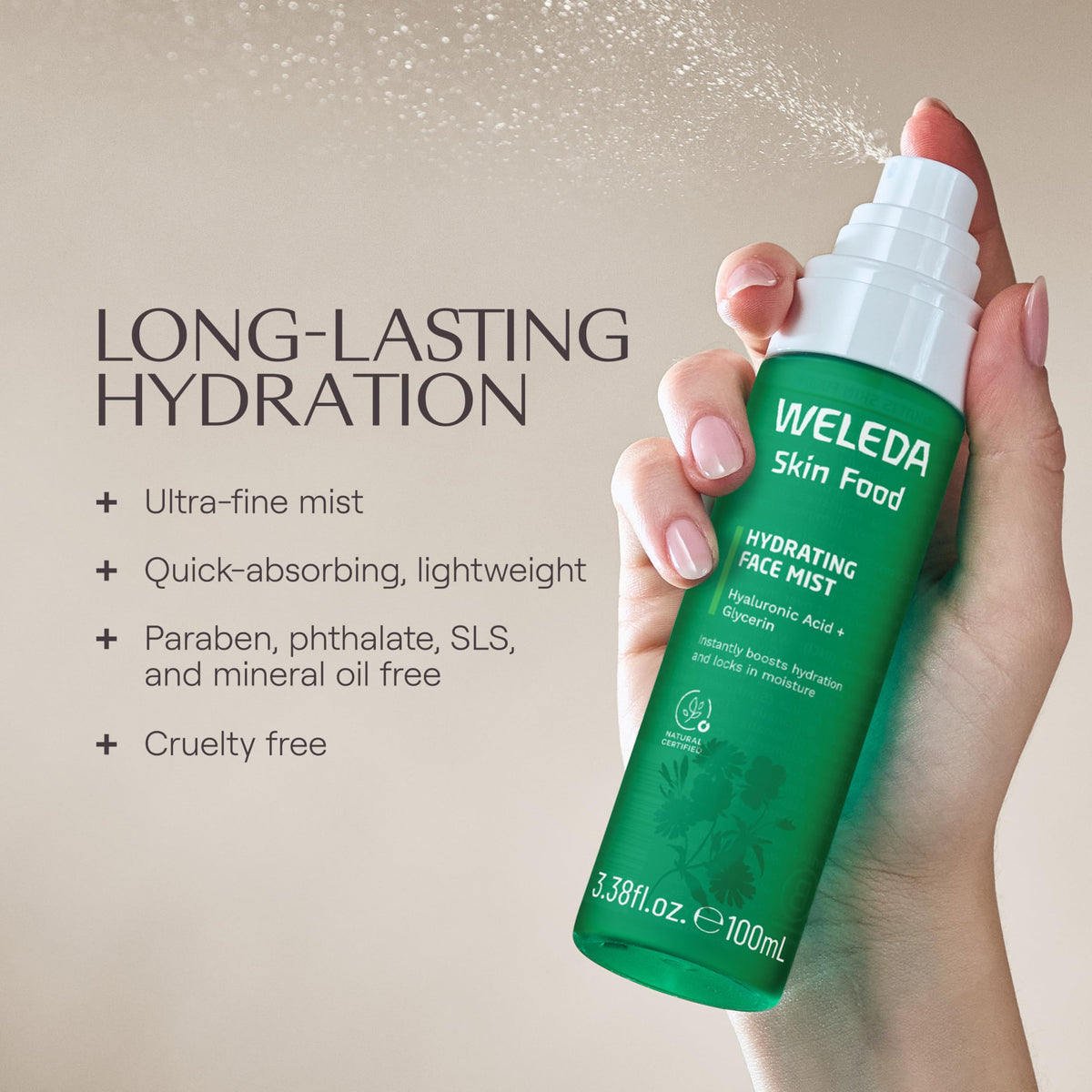 Weleda Skin Food mist sprayed over makeup for dewy finish and radiance benefit
