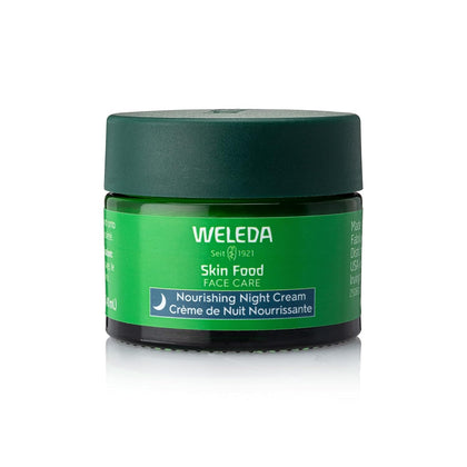 Weleda Skin Food night cream jar front showing natural packaging and soothing benefit