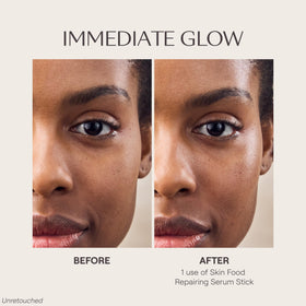 Weleda Skin Food serum stick applying to cheek demonstrating targeted hydration benefit