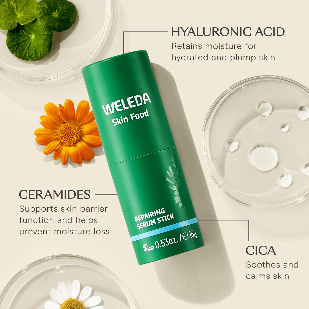 Weleda Skin Food serum stick close-up texture showing smooth glide and quick absorption
