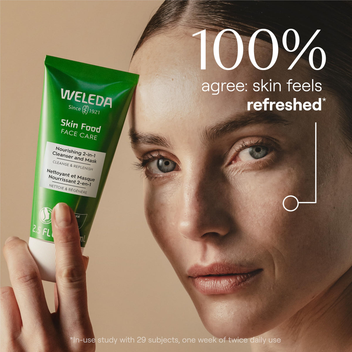 Weleda Skin Food close-up texture of oil-to-milk cleanser demonstrating smoothness