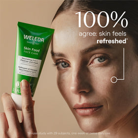 Weleda Skin Food close-up texture of oil-to-milk cleanser demonstrating smoothness