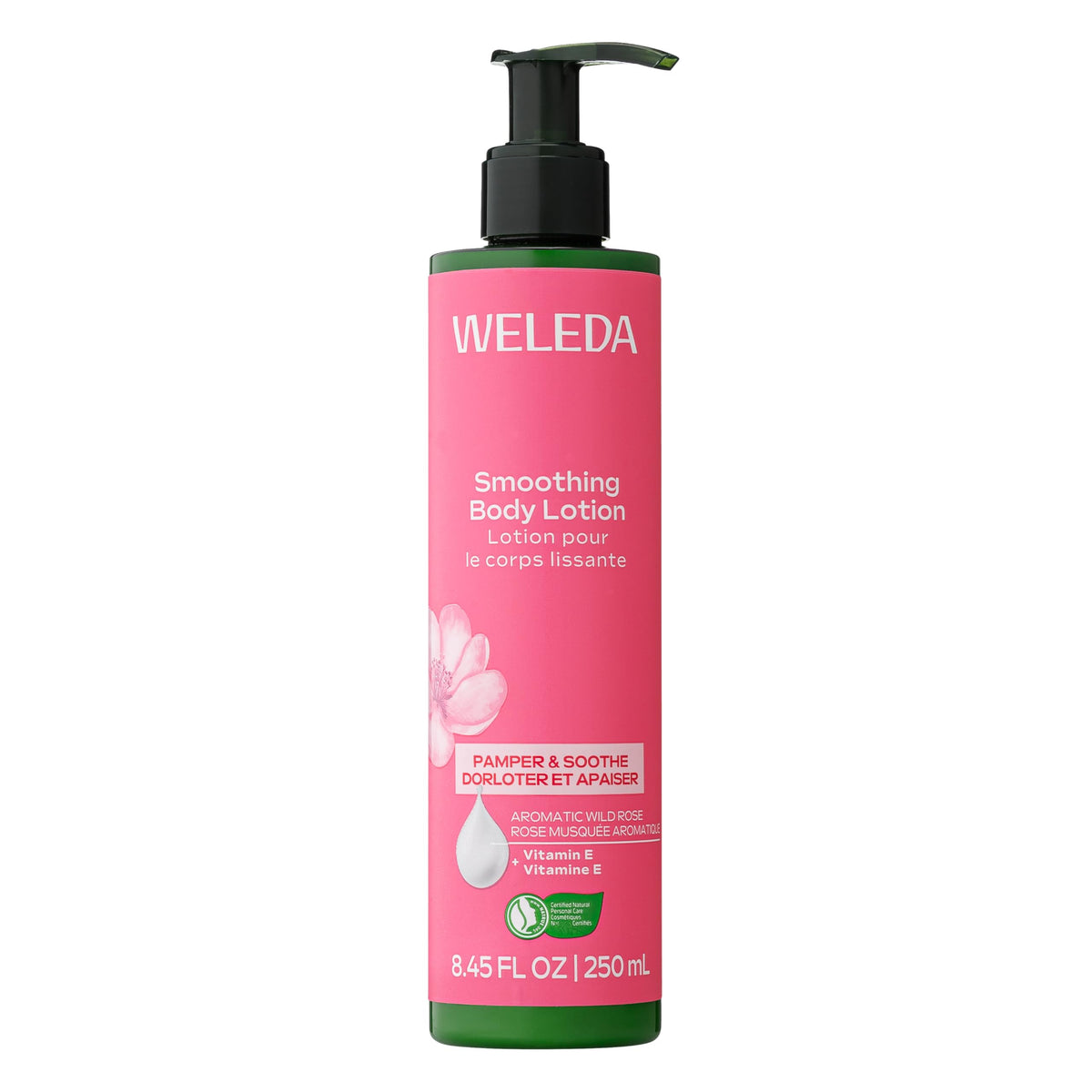 Weleda bottle front view showing elegant wild rose packaging and hydration benefit