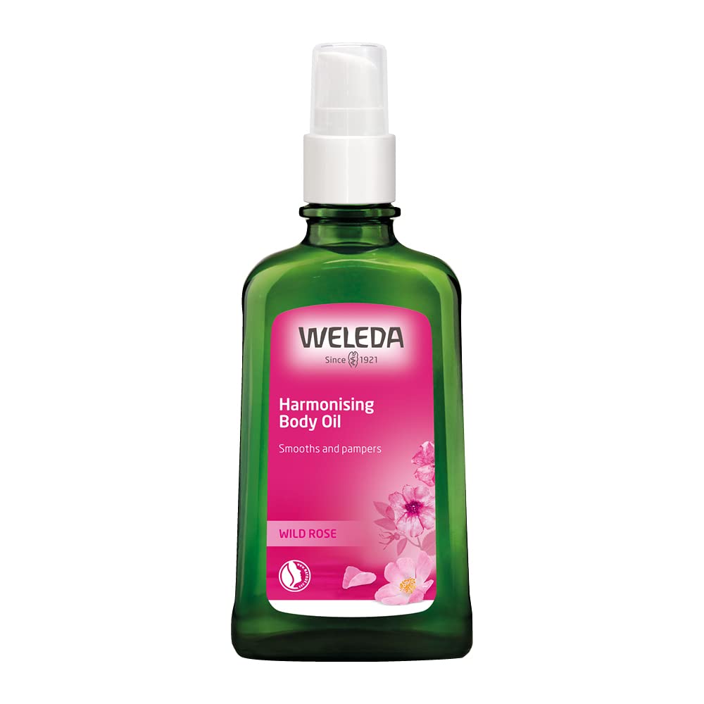 Weleda bottle front view showing label and rose fragrance benefits