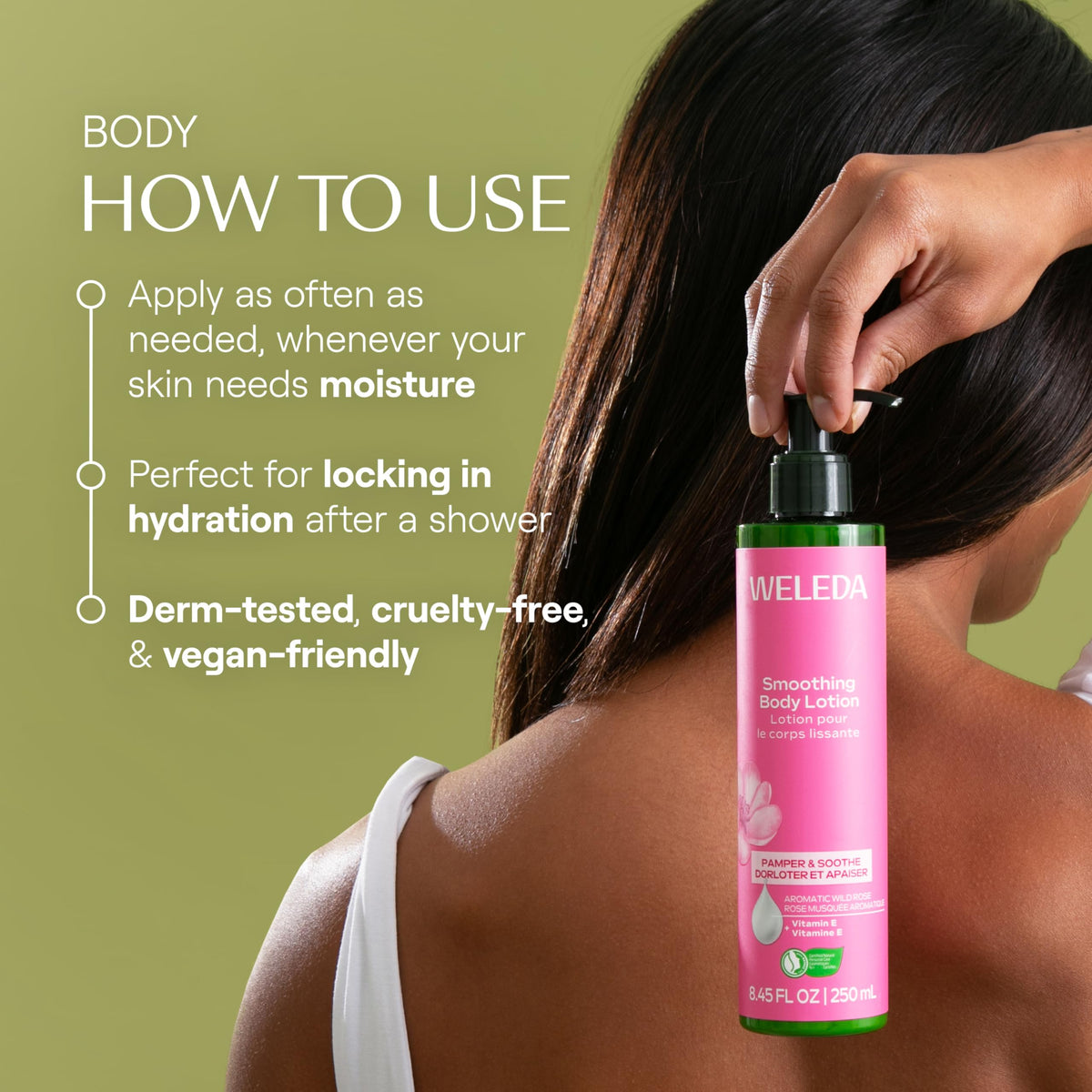 Weleda hand applying lotion on arm illustrating smooth skin and immediate softness