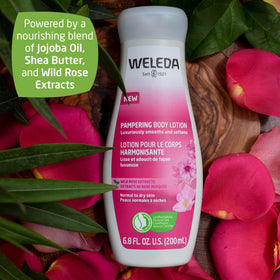 Weleda ingredients display of jojoba, shea butter, wild rose to show plant-rich formula