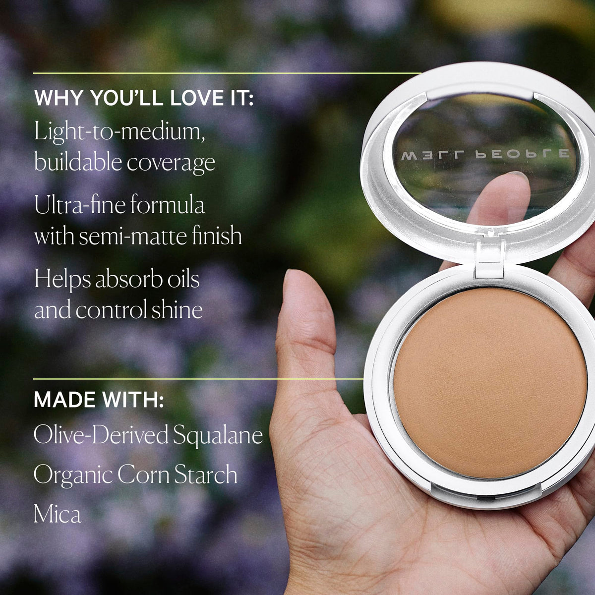 Well People powder swatched on skin showing natural medium coverage benefit