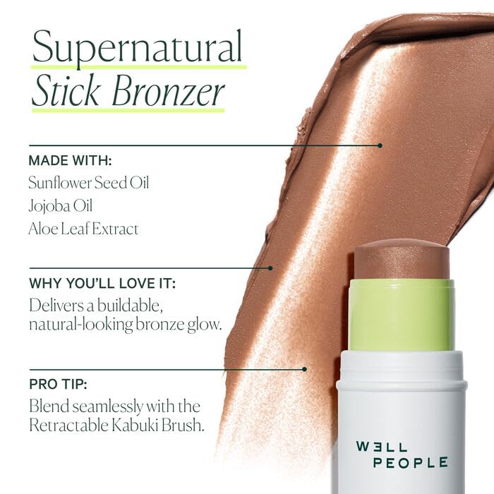 Well People bronzer stick applied to cheek demonstrating natural warmth and quick blending benefit