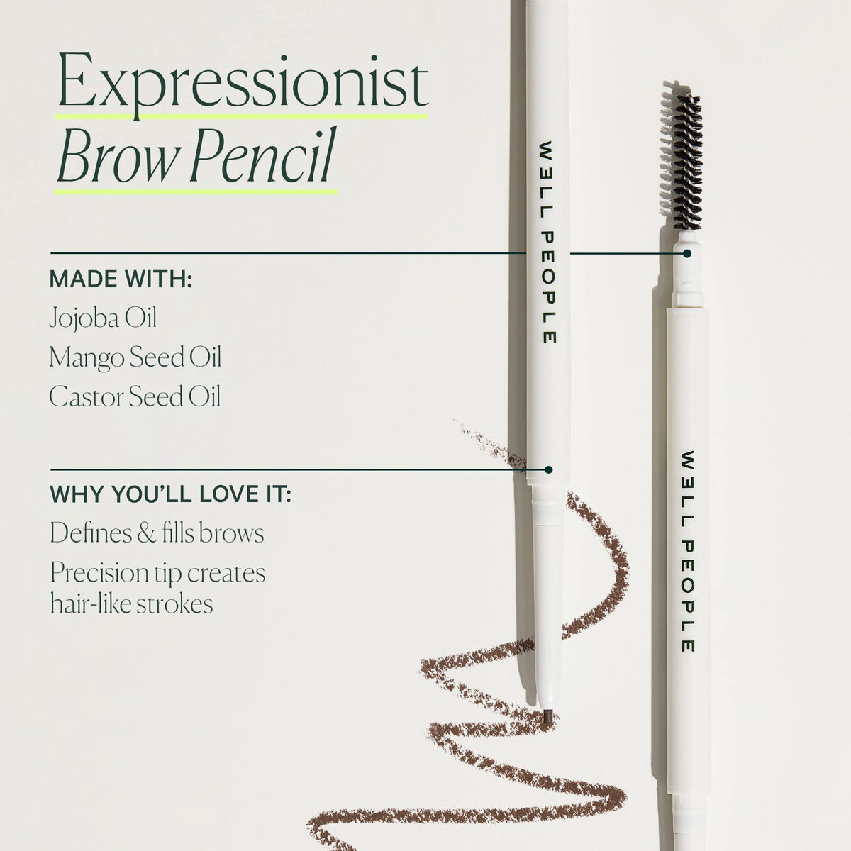 Well People dual-ended pencil packaging showing tip and spoolie for convenience
