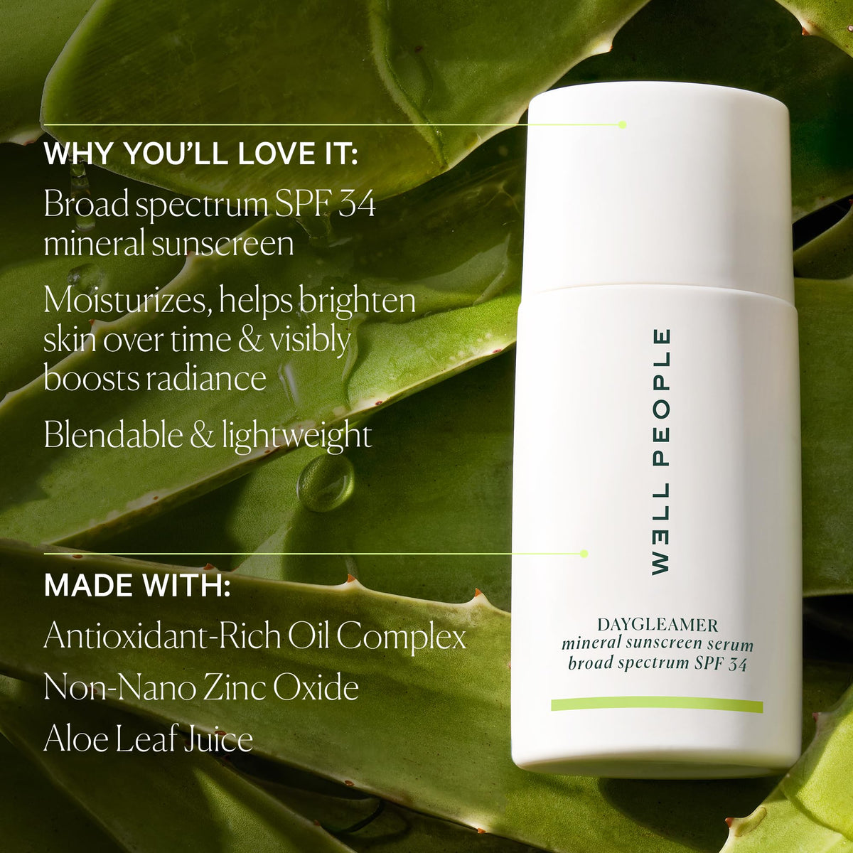 Well People Daygleamer serum texture drop demonstrating lightweight hydration