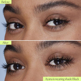 Well People mascara applied on lashes demonstrating visible length and definition