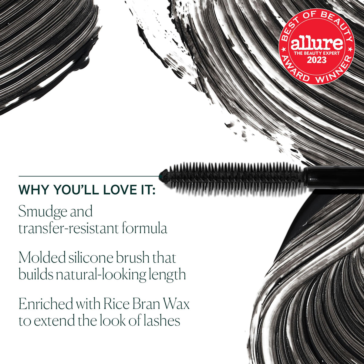 Well People mascara texture swipe showing smooth, lengthening formula