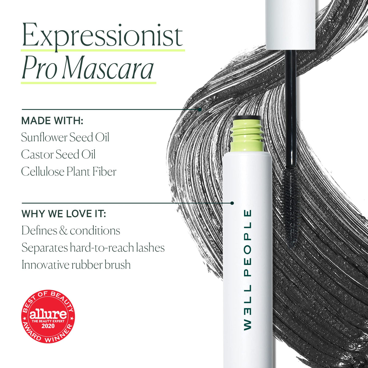 Well People mascara wand coated with fibers for visible lash lengthening