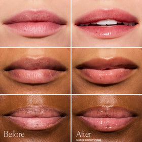 Well People Honey Plum swiped on lips showing sheer color and plumper look