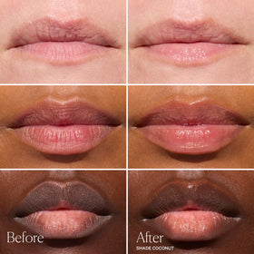Well People swiped on lips showing sheer coconut tint and smoothing effect