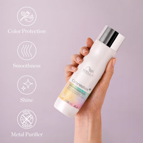 Wella Professionals shampoo applied to colored hair showing slip and shine benefit