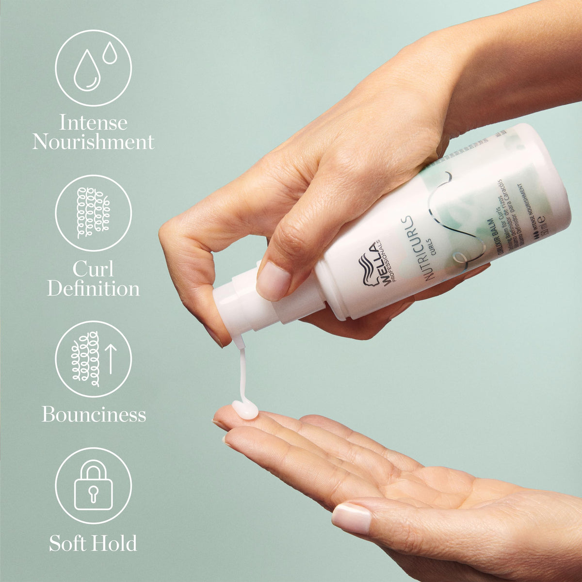 Wella Professionals Nutricurls size comparison with hand to show 5.07 fl oz scale