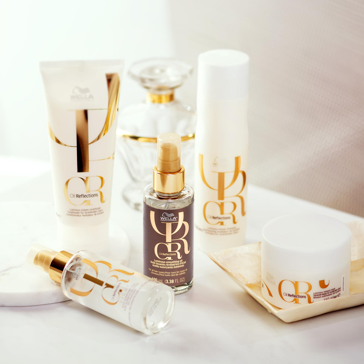 Wella Professionals bottle staged on a shelf in a bathroom lifestyle setting