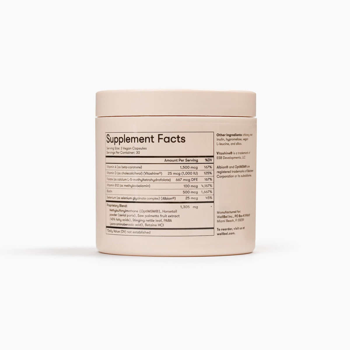 WELLBEL label detail showing ingredients and dose information clearly