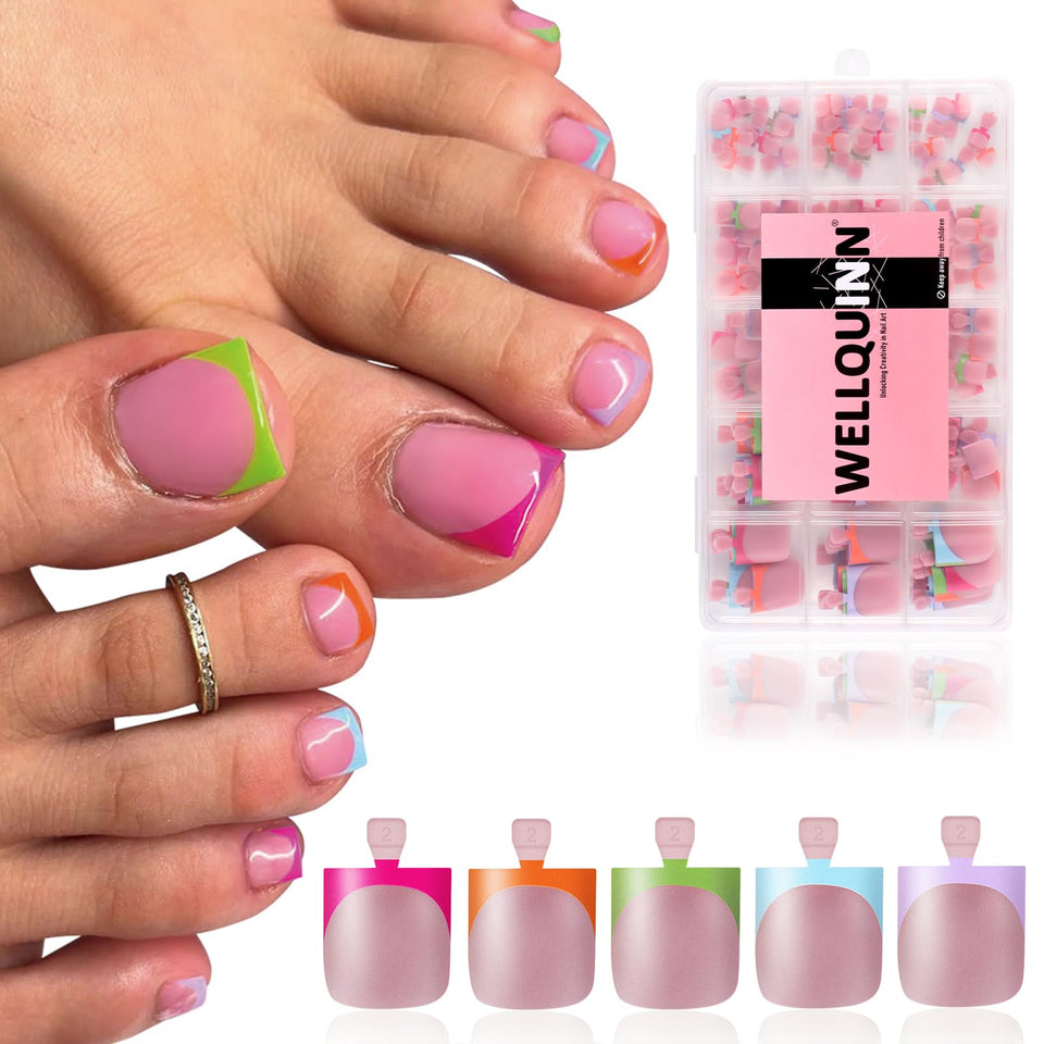 WELLQUINN front packaging showing 150pcs french-tip toenails and colors, quick salon result