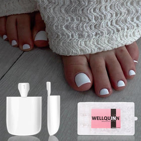 WELLQUINN front packaging showing white toe press ons for quick salon results