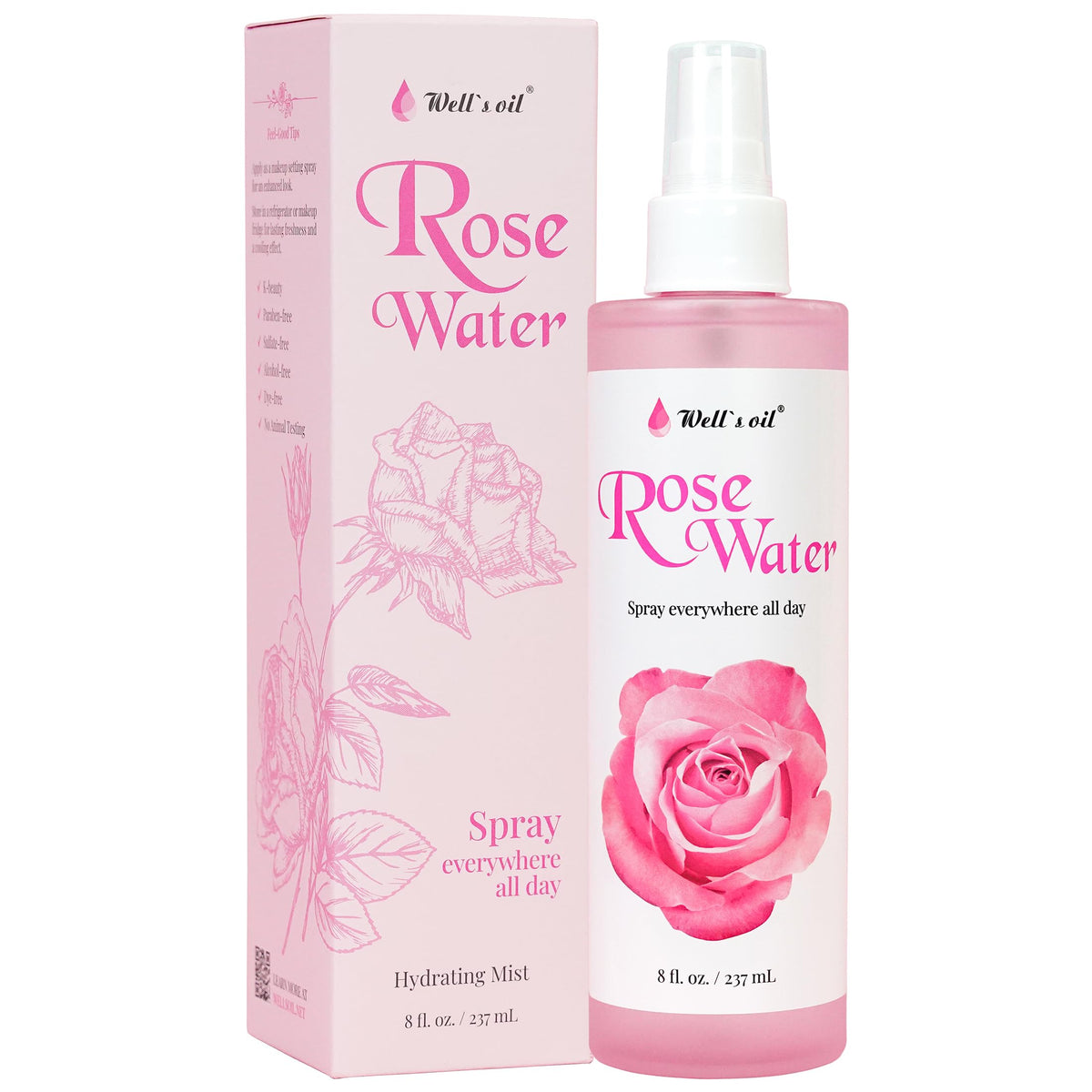 Well's Oil front bottle shot showing clean rosewater packaging and benefit of gentle hydration