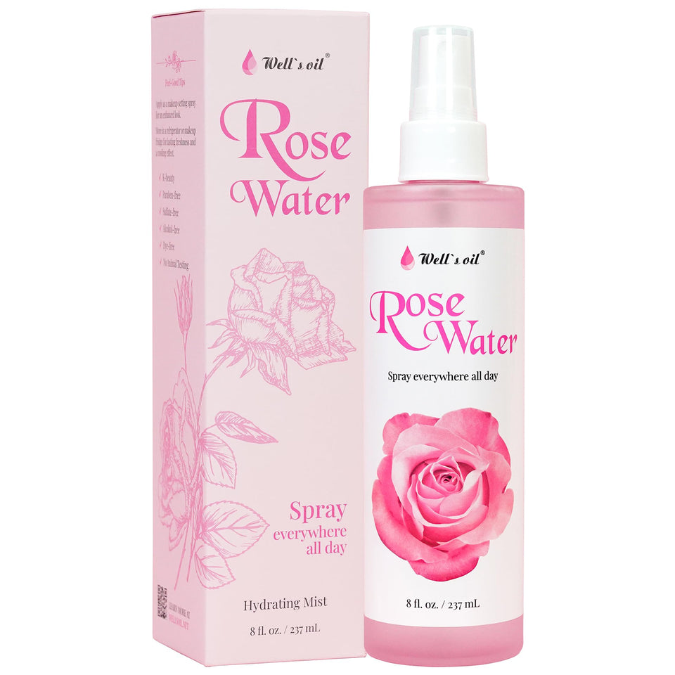 Well's Oil front bottle shot showing clean rosewater packaging and benefit of gentle hydration