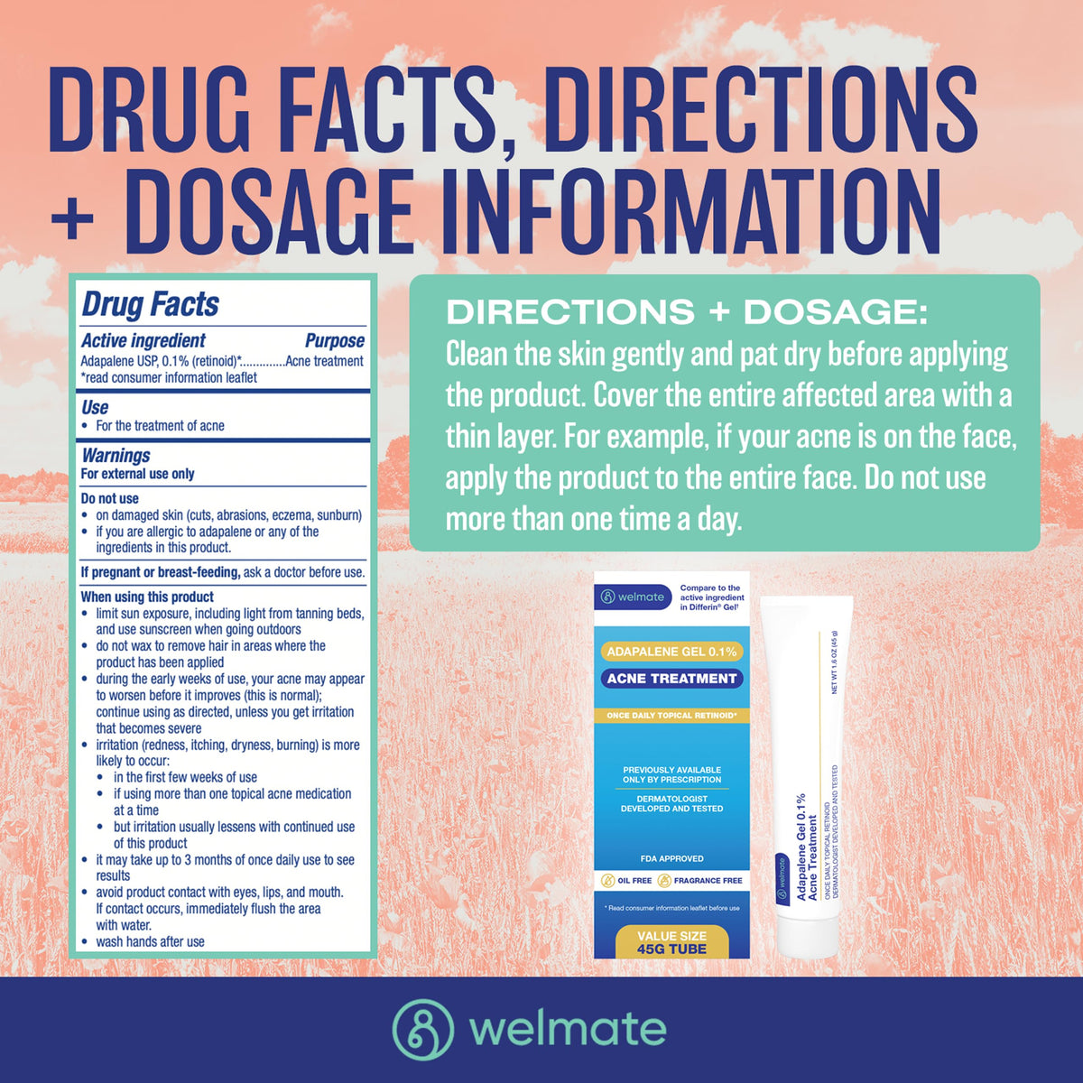 WELMATE tube close-up with readable adapalene 0.1% label, highlights dermatologist-developed formula