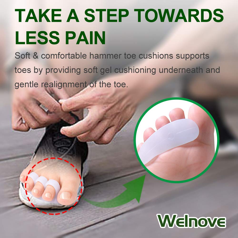 Welnove toe corrector on foot demonstrating secure fit and reduced rubbing