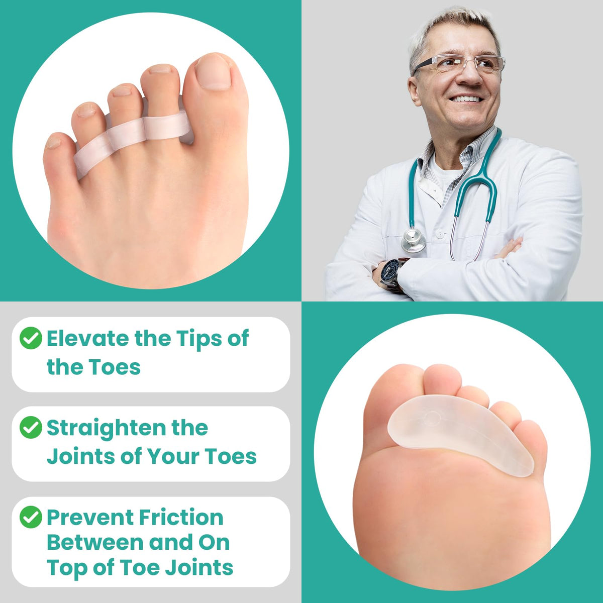 Welnove top view showing correct placement on 2nd to 4th toes