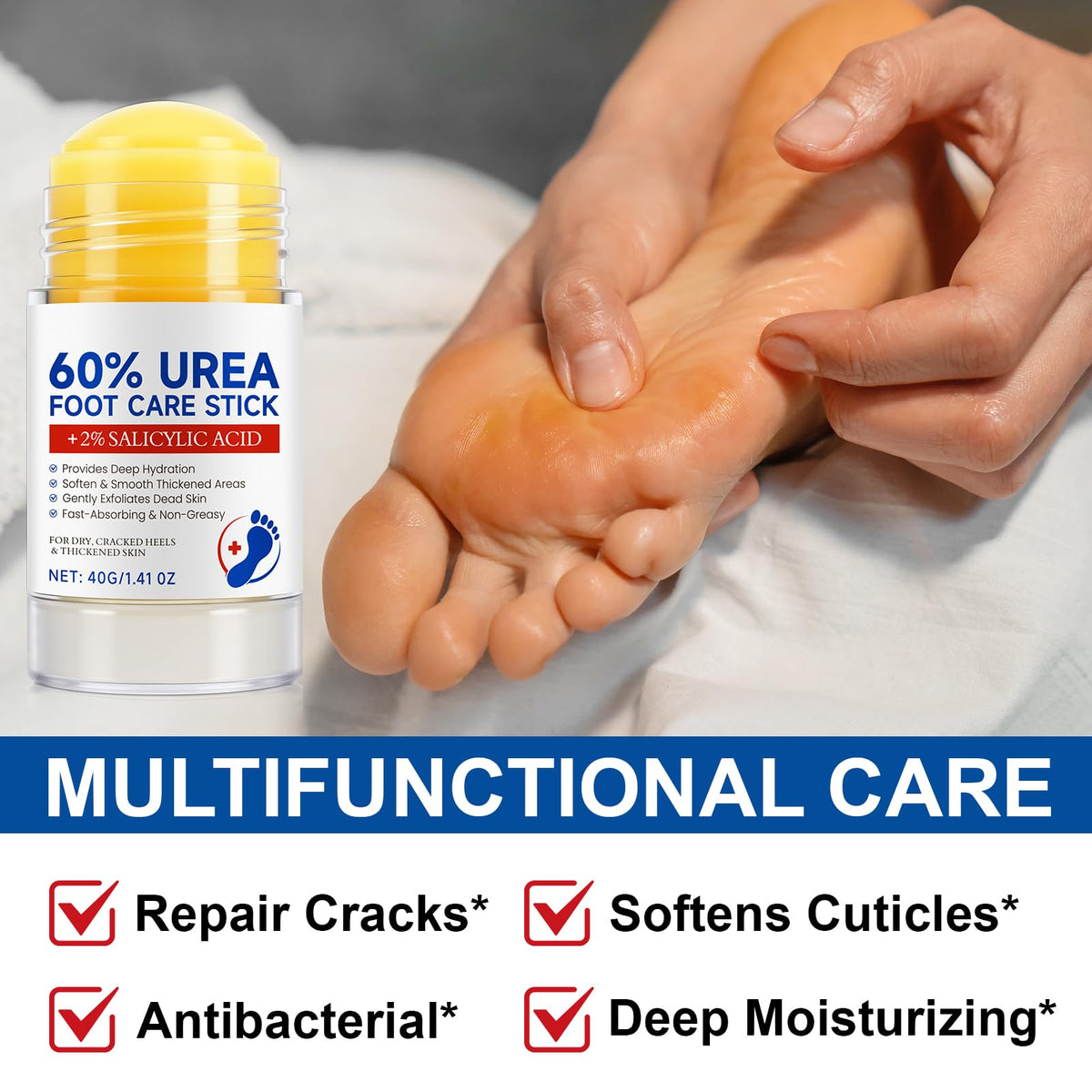 Weluno stick applied to heel demonstrating precise spot treatment and softening benefit