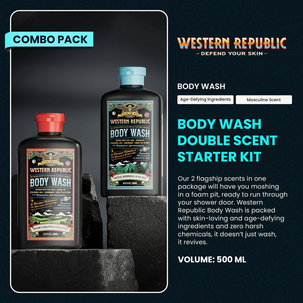 Western Republic bottle label detail showing key ingredients like niacinamide for skin support