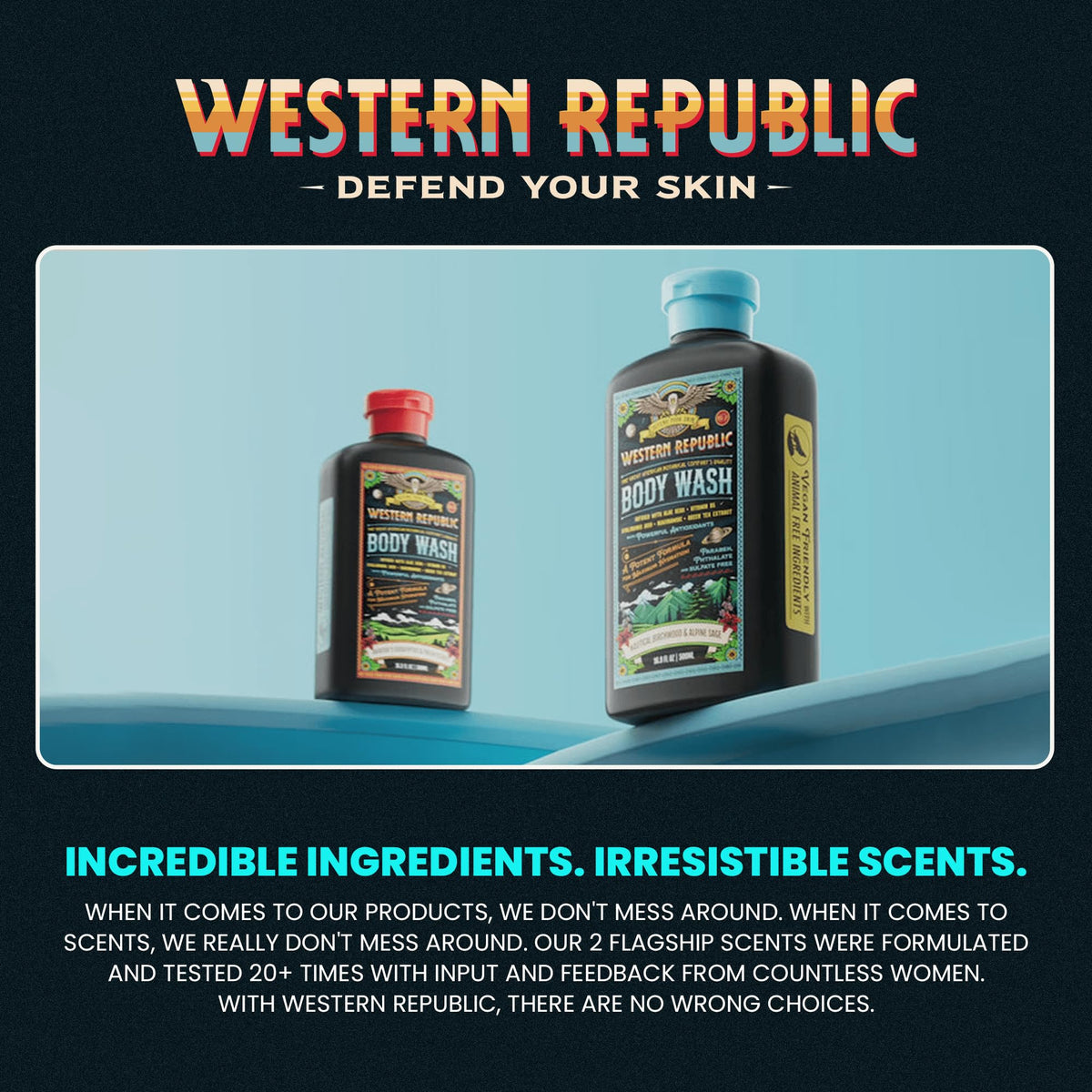 Western Republic bottles on shower rack showing 500ml scale and convenience benefit