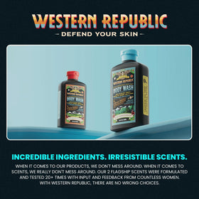 Western Republic bottles on shower rack showing 500ml scale and convenience benefit