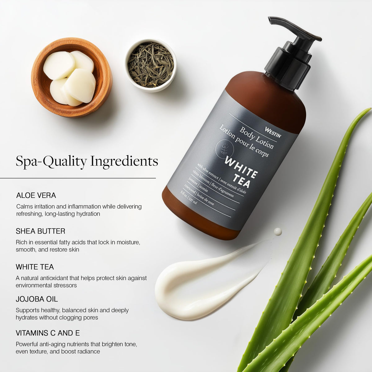 Westin label closeup highlighting ingredients and hotel spa branding benefit