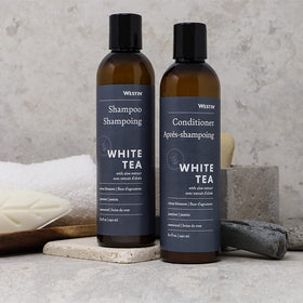 Westin White Tea Aloe bottles held next to hand to show 8-ounce scale for travel and gym bags